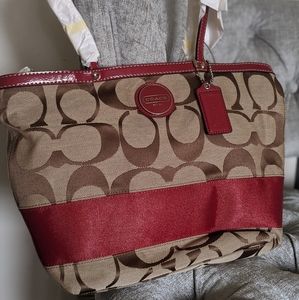 Coach burgundy striped brown tote